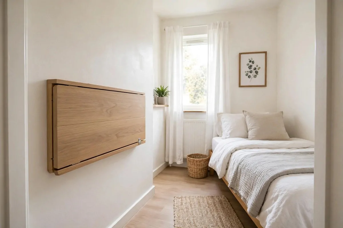 Drop-leaf wall desk folded flat against the wall, guest bed made up and visible in a small room