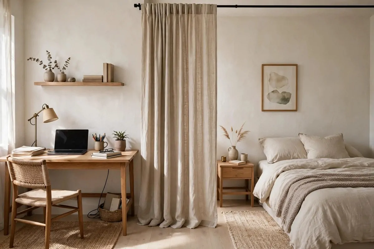 Floor-to-ceiling linen curtain dividing a desk work zone from a bed sleeping zone