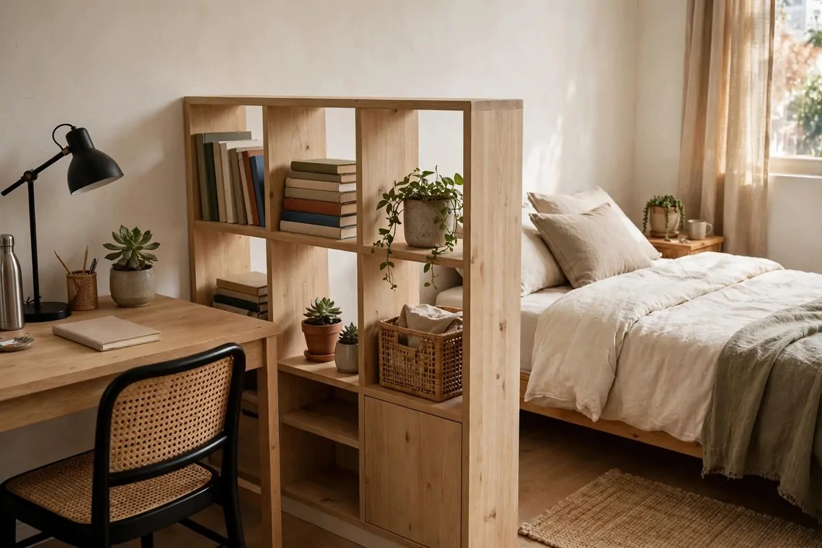 Low cube shelving unit dividing a work desk area from a sleeping area, styled with books and plants