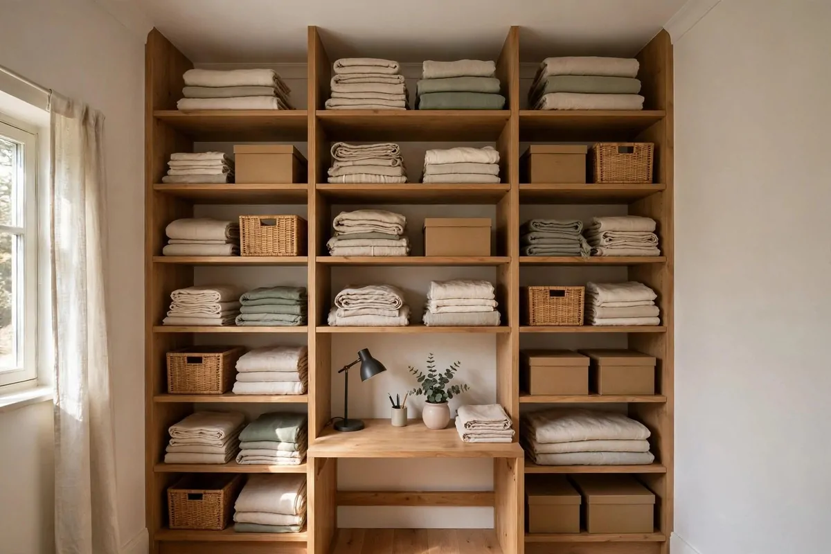 Tall built-in shelves reaching the ceiling above a compact desk, holding linens and office boxes