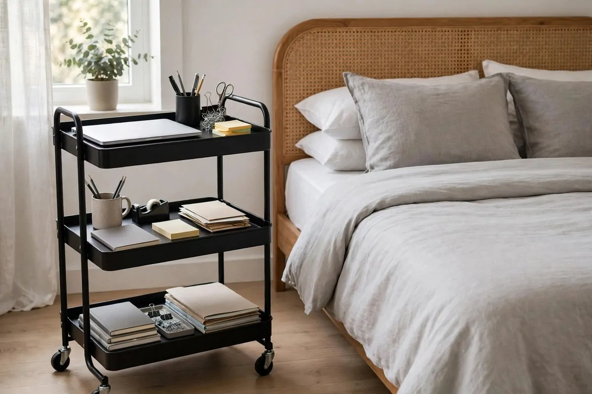 Three-tier rolling cart with a laptop and office supplies parked beside a guest bed