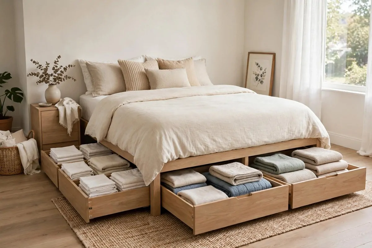 Guest bed with pull-out drawers open showing folded linens and blankets