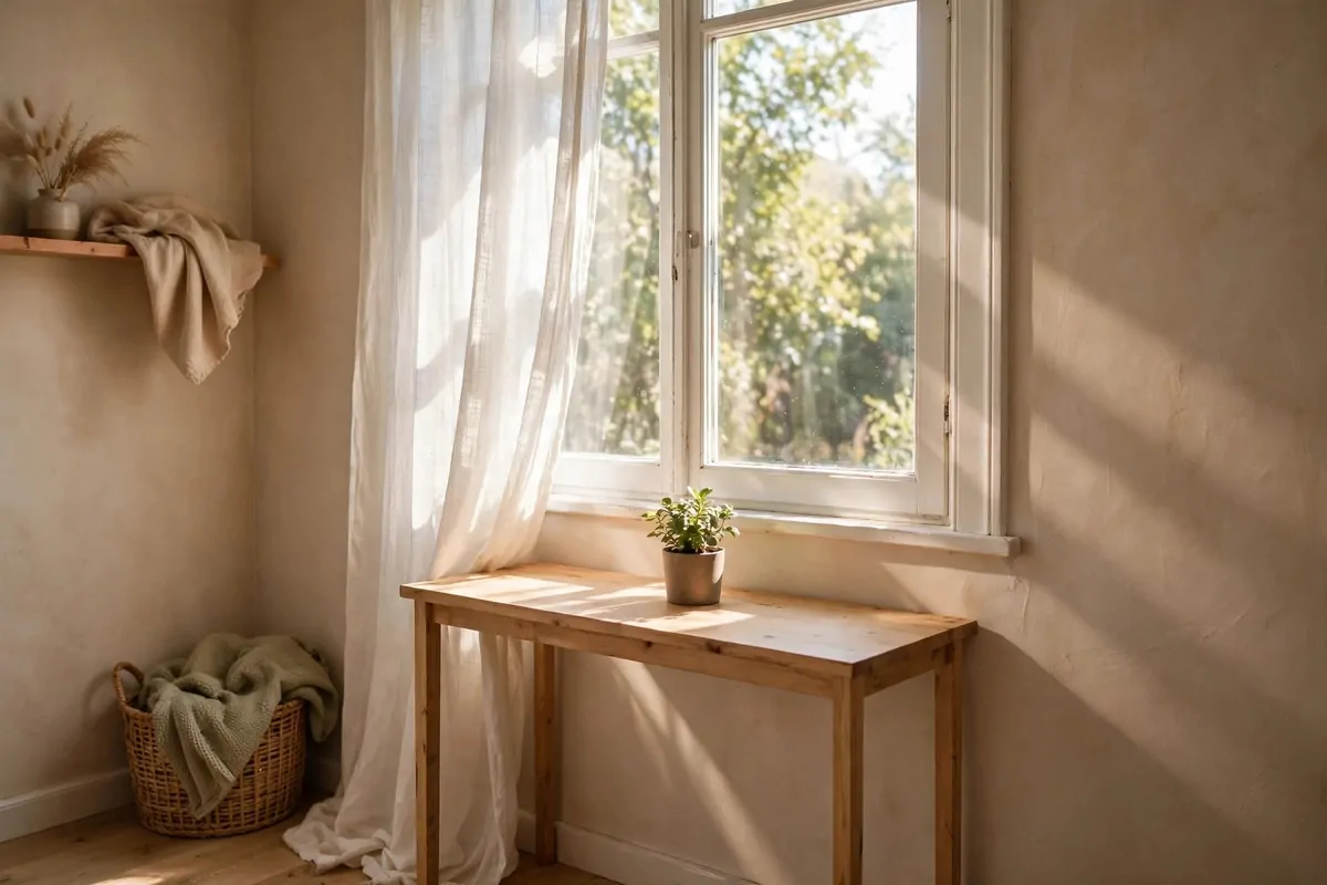 Narrow desk under a bright window with daylight streaming in, small plant on the desk