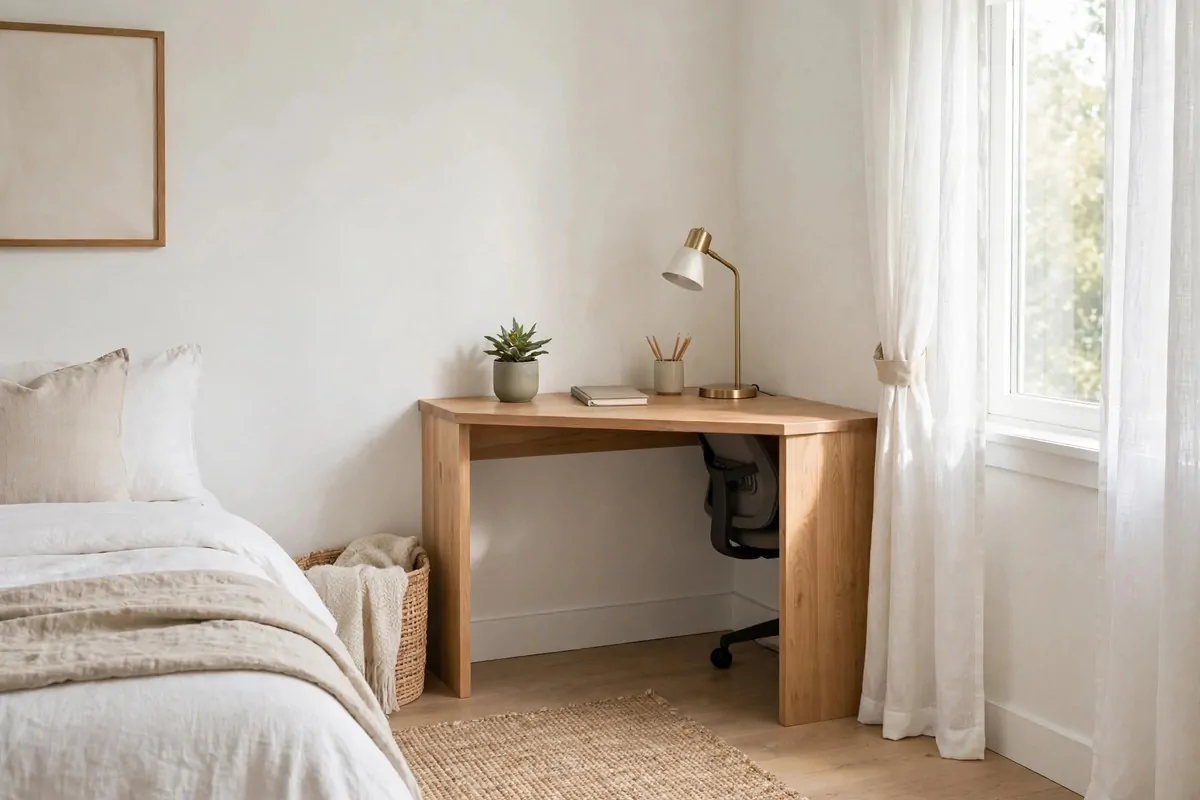 Compact desk fitted into a bedroom corner with a chair tucked neatly underneath