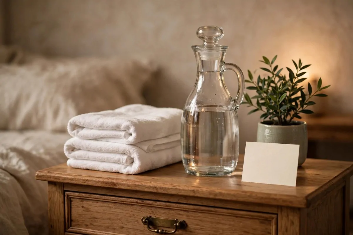 Nightstand styled as a welcome station with folded towels, a water carafe, small plant and handwritten note