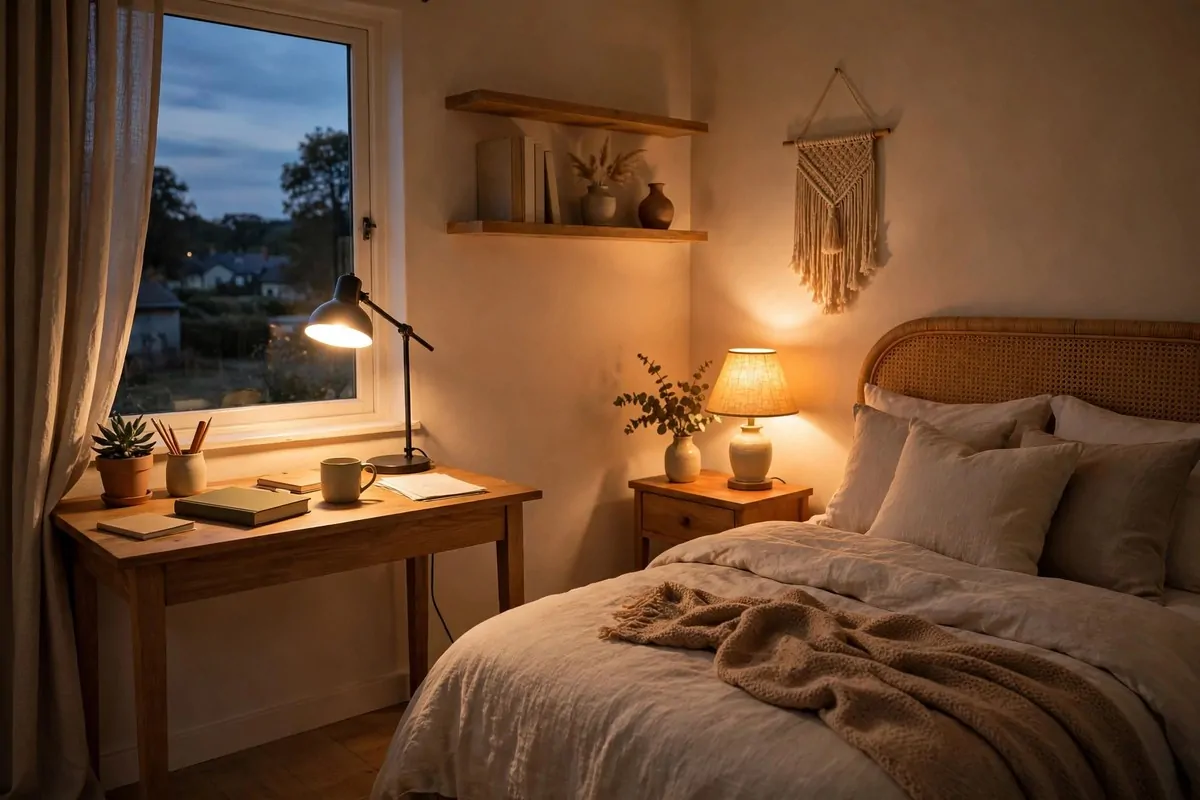 Small combo room at dusk with a glowing desk lamp and warm bedside lamp