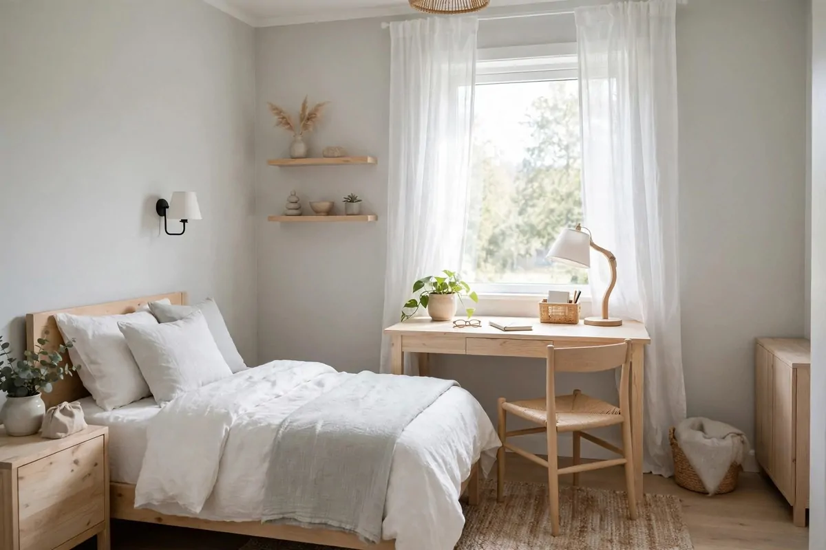 Airy small bedroom office in soft whites and pale gray with light wood furniture