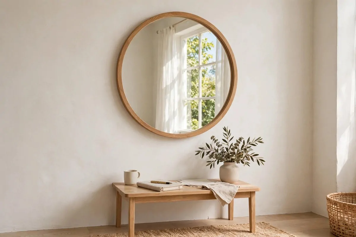 Round mirror on a bedroom wall reflecting window light above a small desk