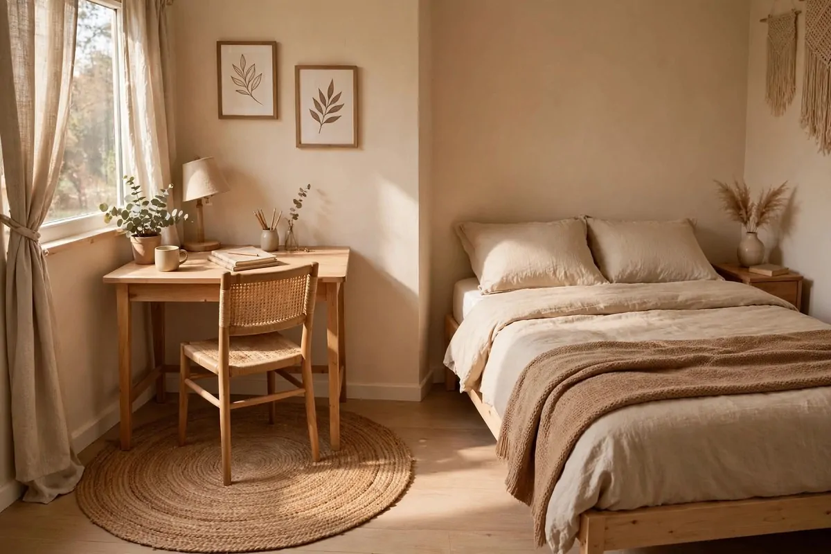 Round jute rug under a desk area with a bed on the other side of a small room