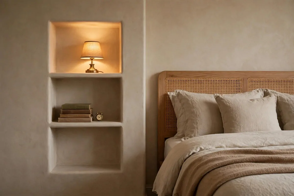 Built-in wall niche beside a guest bed holding a small lamp, books and a clock