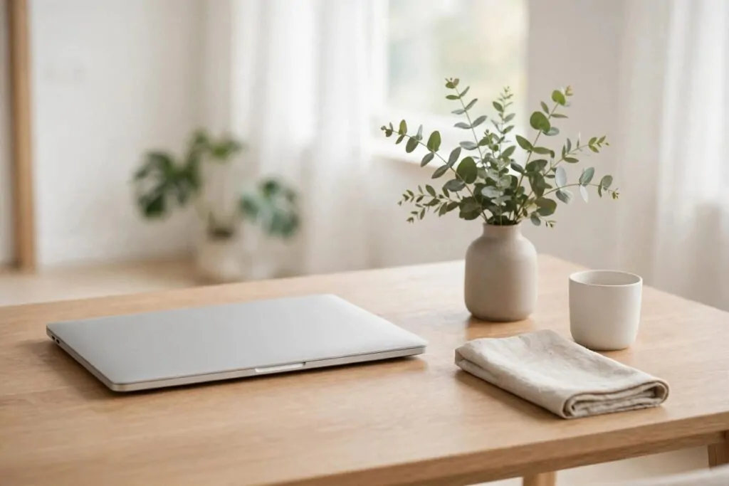 Minimal tidy desk with hidden cables, a closed laptop and a small vase, ready for guests