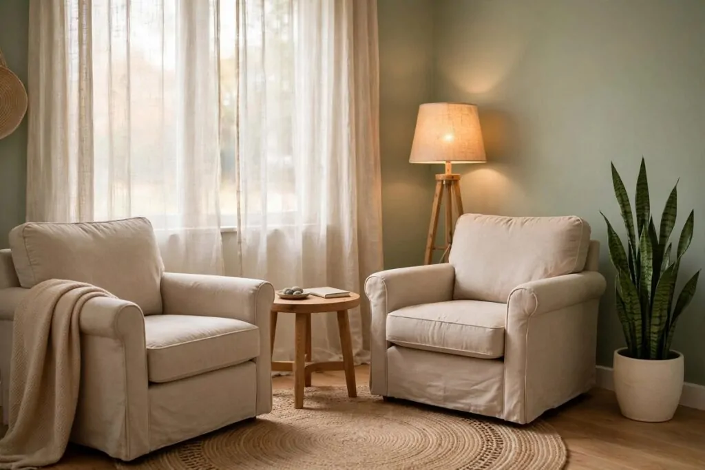 Calm and welcoming therapy office with soft beige tones, plants and warm light