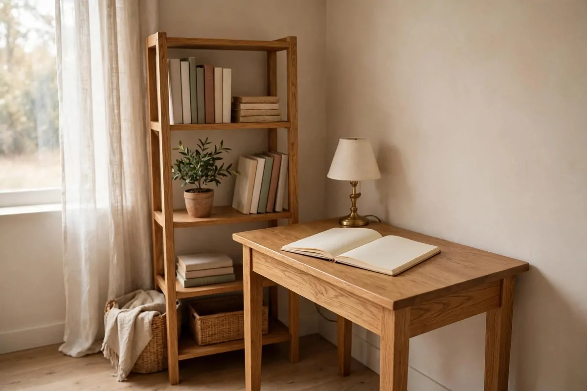 Therapy office with warm light oak wood desk, side table and bookshelf