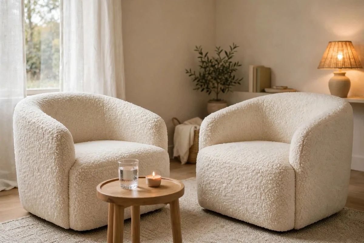 Pair of low cream boucle armchairs facing each other in a calm therapy office
