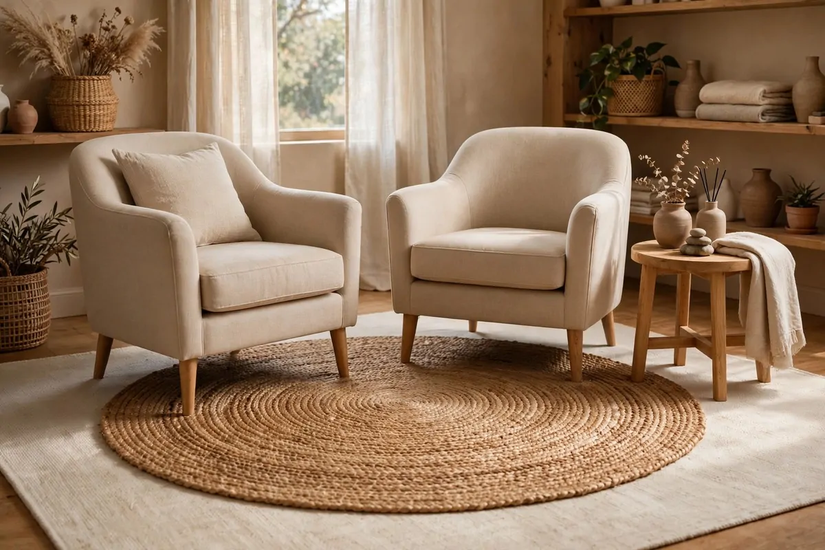 Round jute rug under armchairs in a warm neutral therapy office
