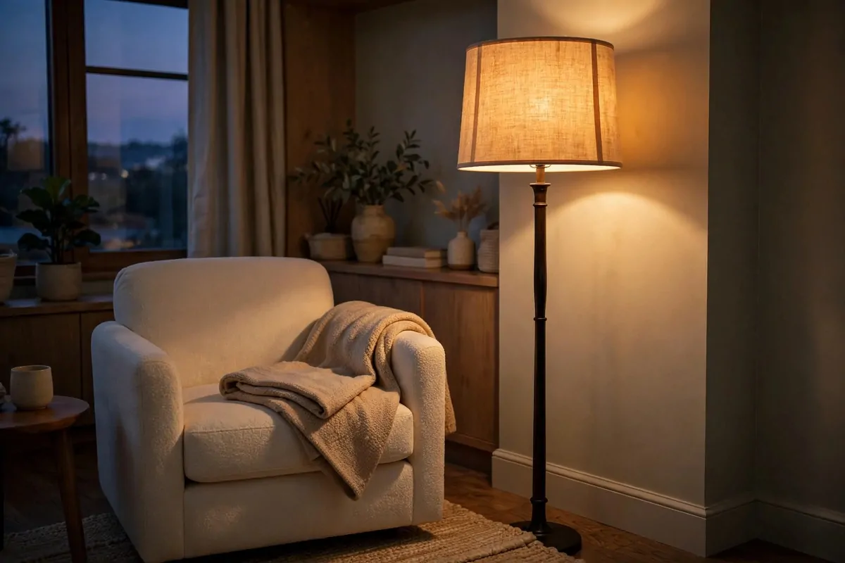 Warm glowing floor lamp beside a reading chair in a dim calm therapy office