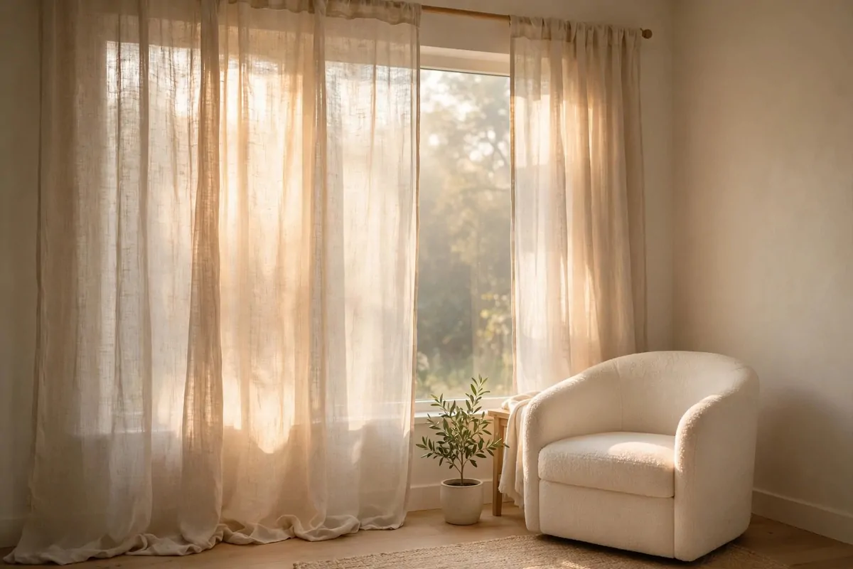 Sheer linen curtains filtering soft daylight in a peaceful therapy office