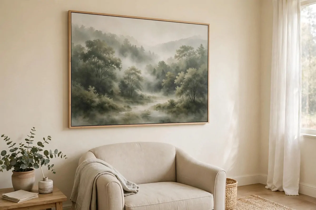 Soft nature landscape artwork hanging on a cream wall in a therapy office