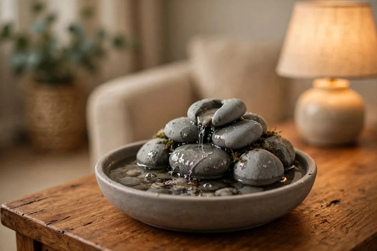 Small tabletop water fountain with smooth stones on a wooden side table