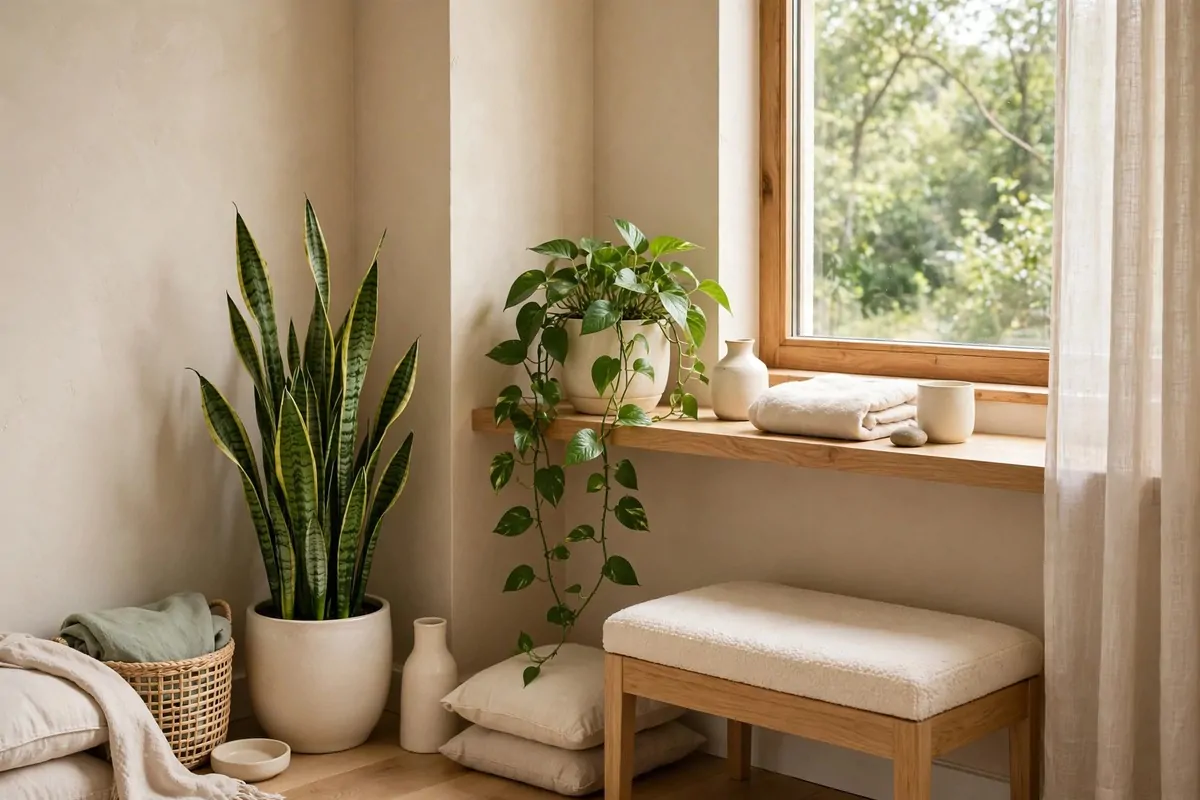 Snake plant and trailing pothos in ceramic pots in a bright therapy office corner