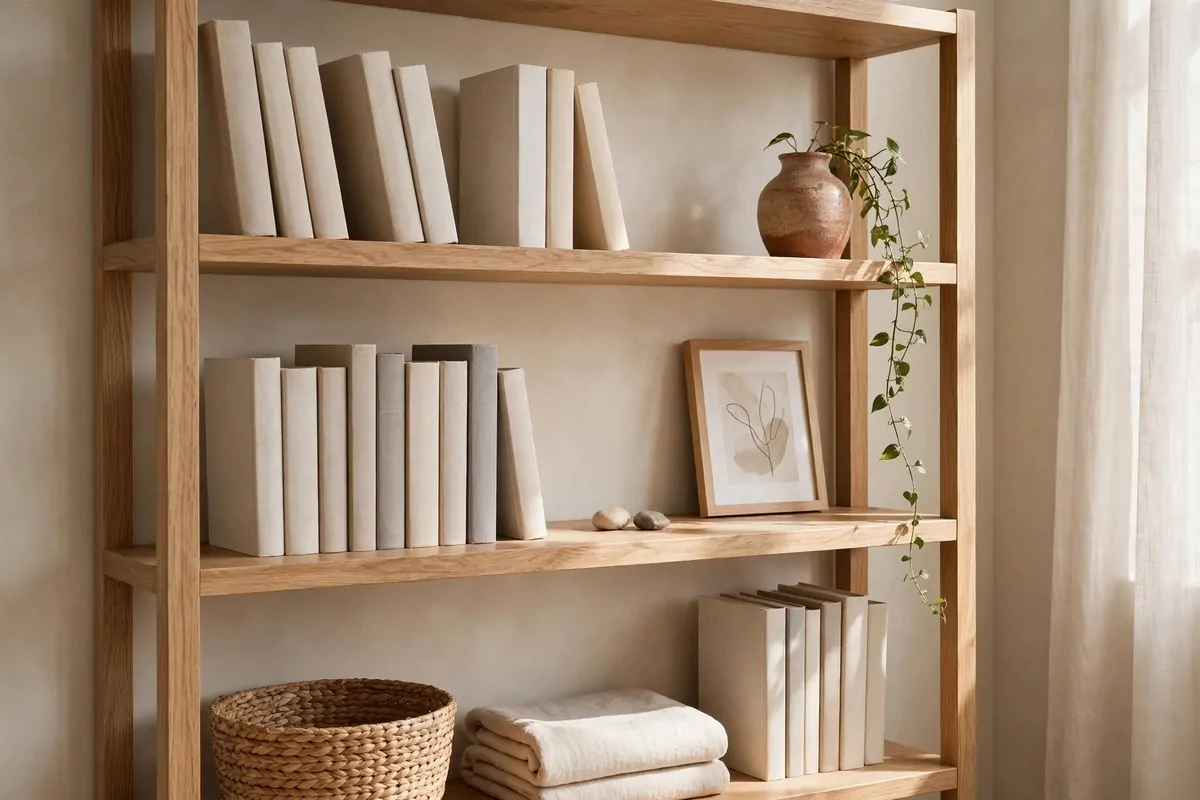 Light wood bookshelf with calm books, small plant and ceramic vase in a therapy office
