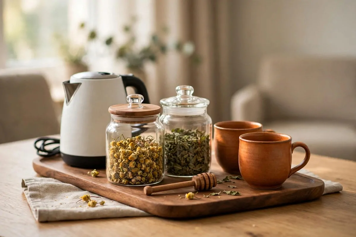 Herbal tea station with glass jars, kettle and ceramic mugs on a wooden tray