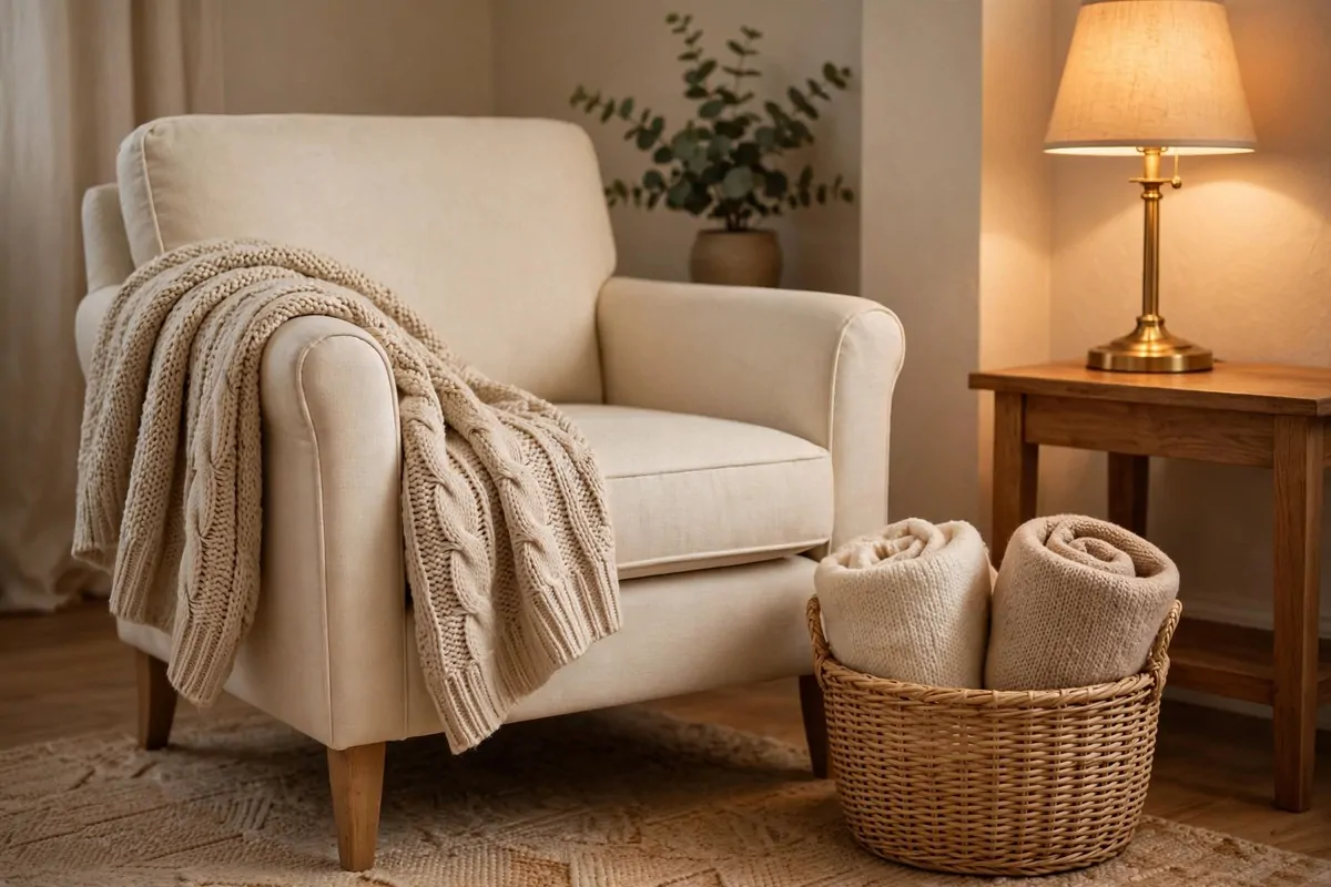 Folded weighted throw blankets draped over a cream armchair in a therapy office