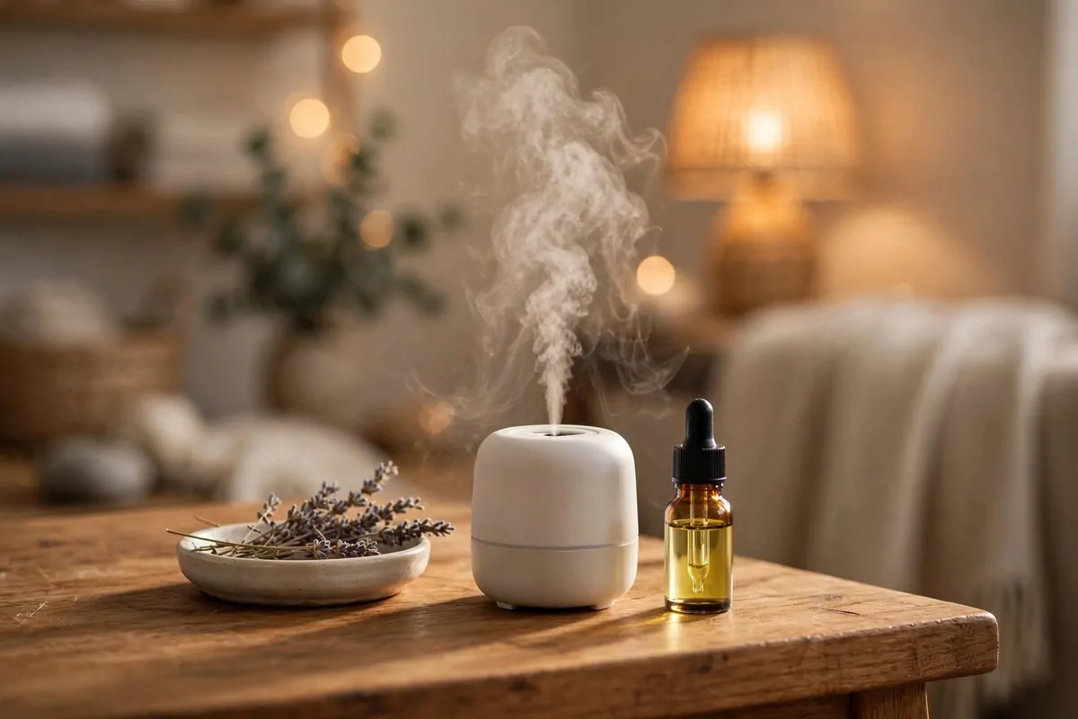 Lavender essential oil diffuser with soft mist on a wooden side table