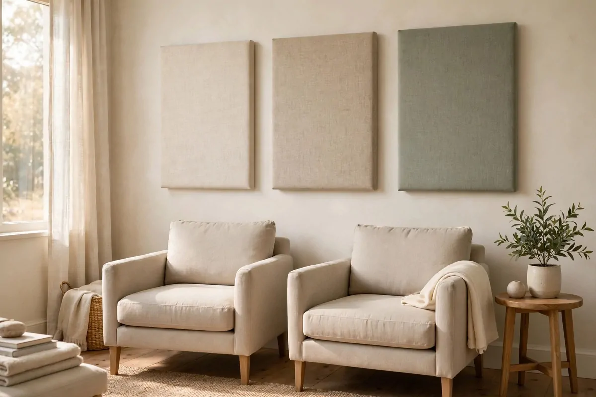 Fabric acoustic panels in soft neutral tones on a therapy office wall