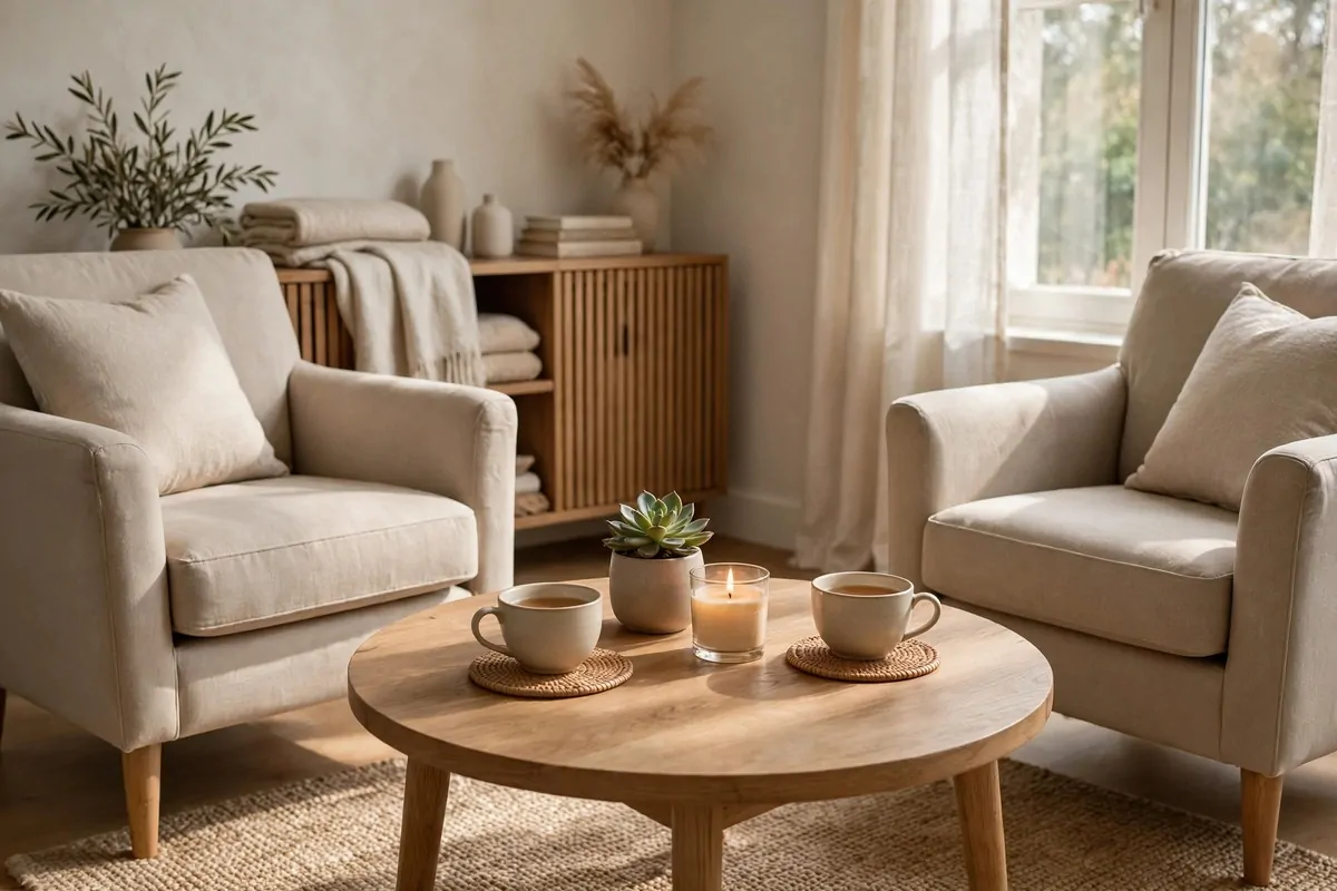 Round light wood coffee table with tea cups and a small plant in a therapy office