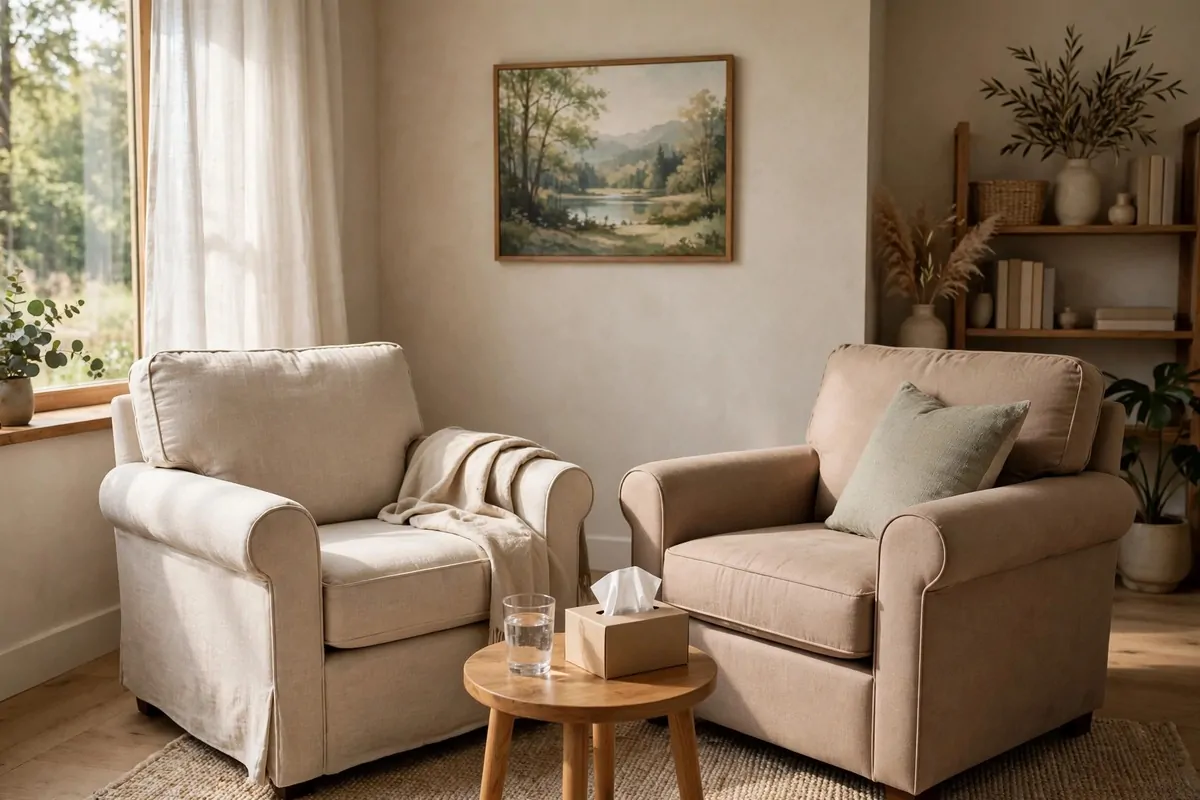 Two armchairs angled toward each other with a small side table in a calm therapy office
