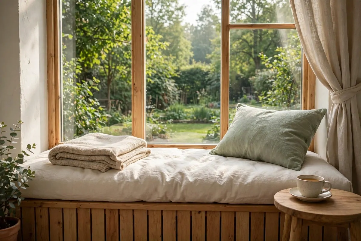 Cozy window seat with cushions overlooking a green garden, soft daylight