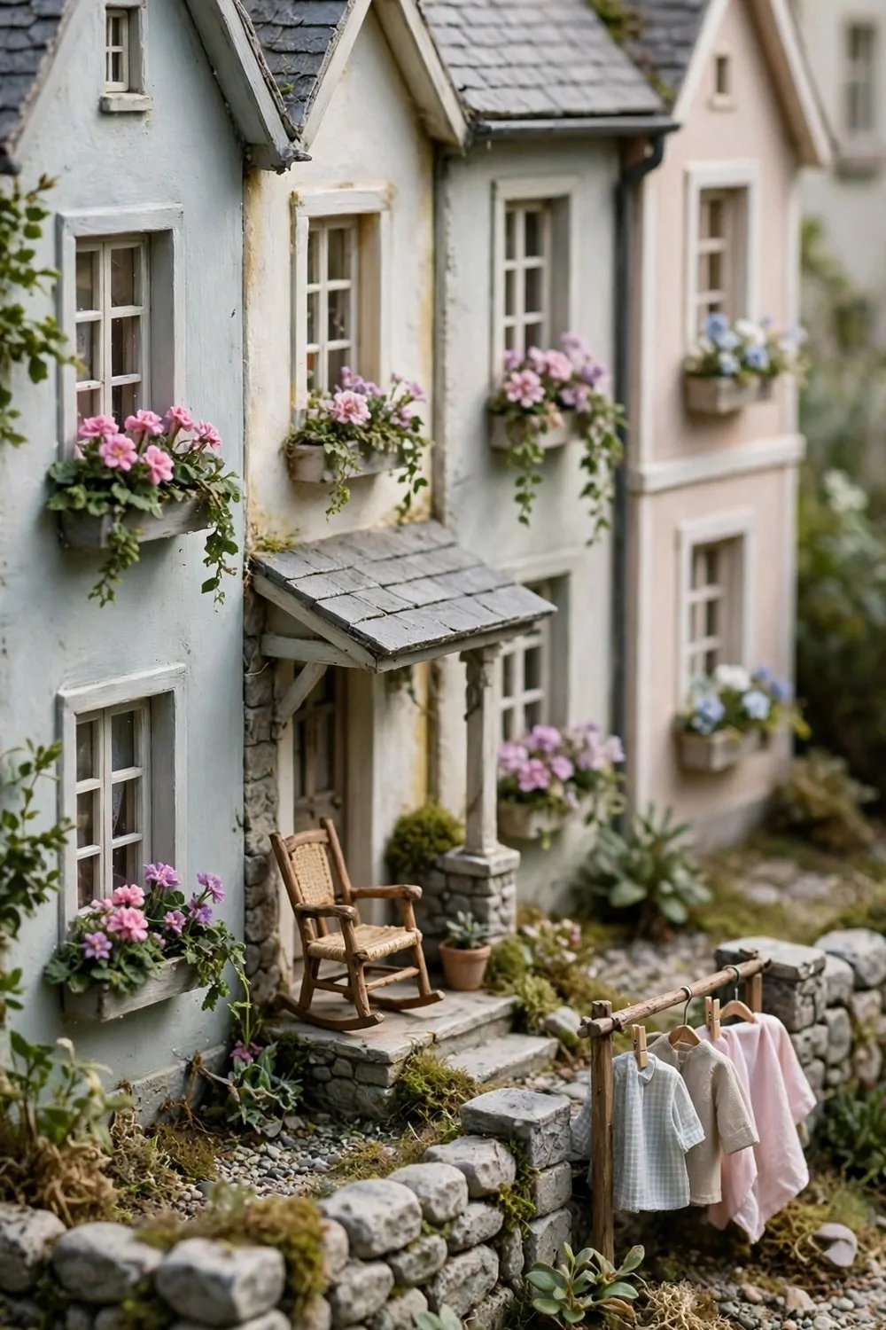 Pastel cottages in muted whites with stone fences and a porch rocking chair