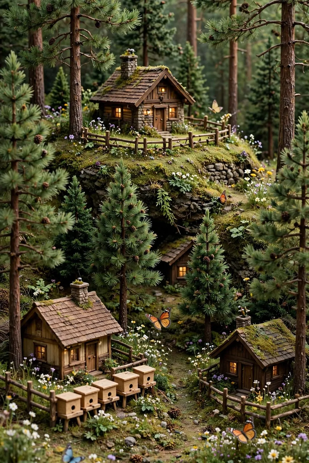 Cottages among pine trees with wooden fences and wildflowers