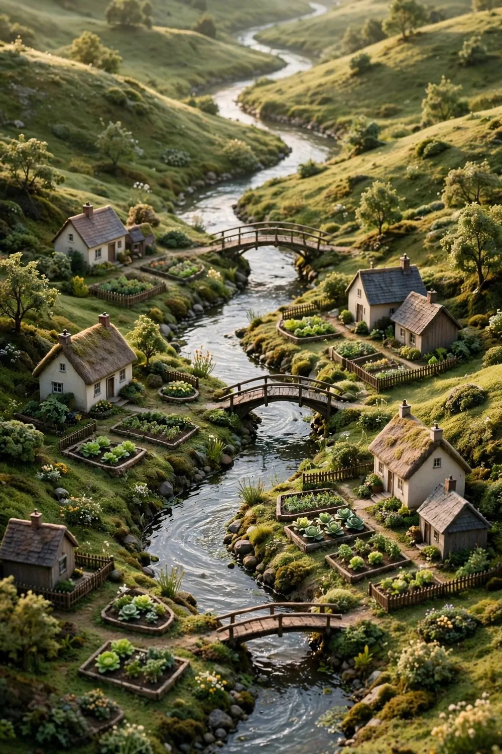 Small houses along a winding river with arched bridges and garden beds