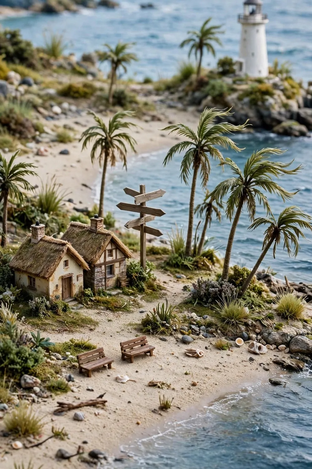 Cottages near the beach with a lighthouse, benches and a signpost