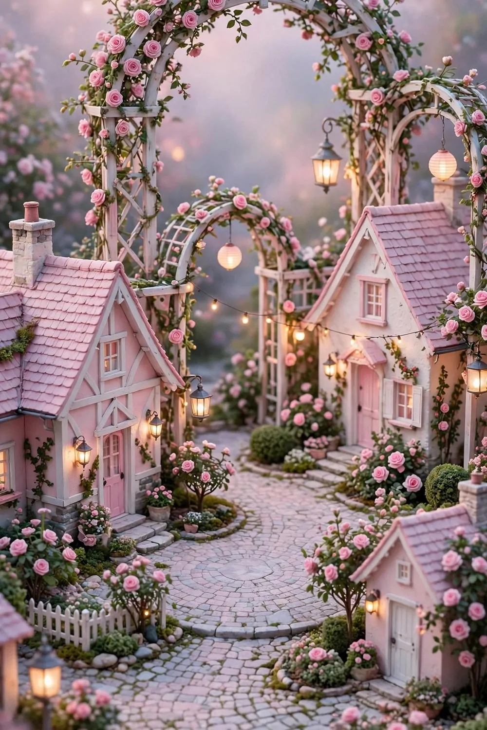 Pink and white cottages in a fairytale court with rose gardens