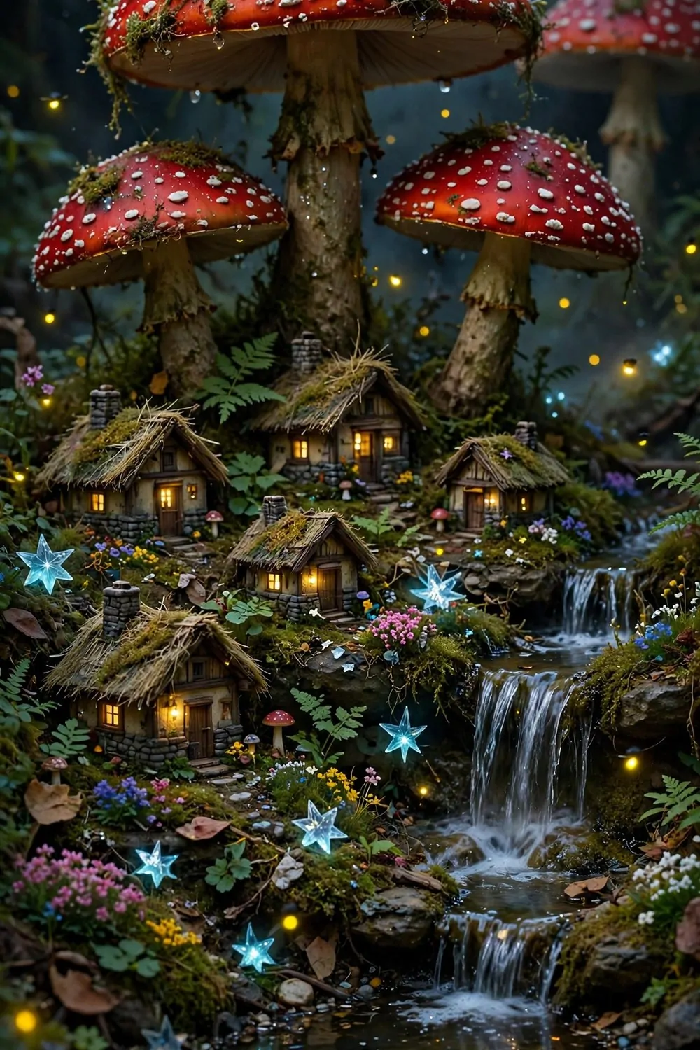 Fairy village with giant mushrooms, tiny cottages and waterfalls