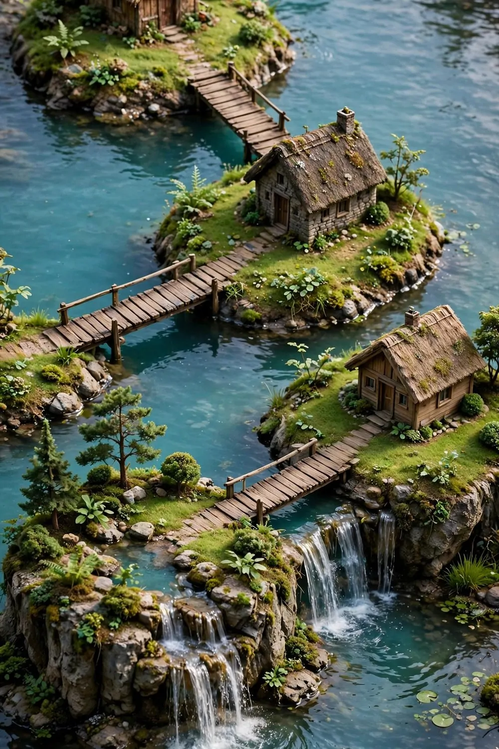 Cottages on small islands joined by wooden plank bridges over water