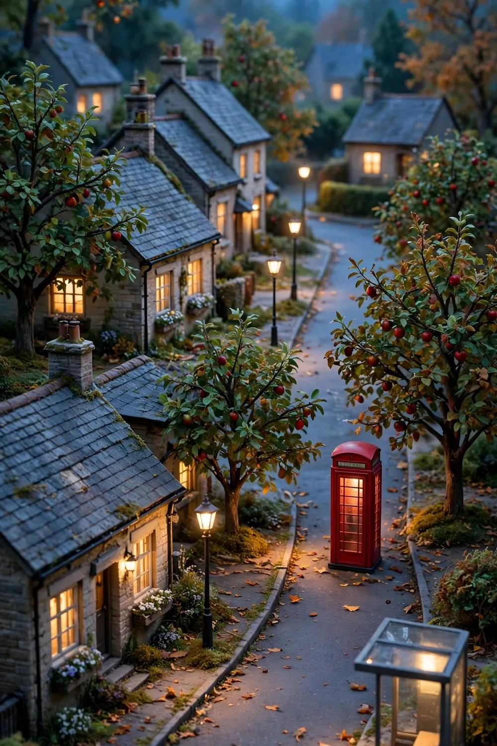 Quiet suburban street at dusk with a telephone booth, bus stop and apple trees