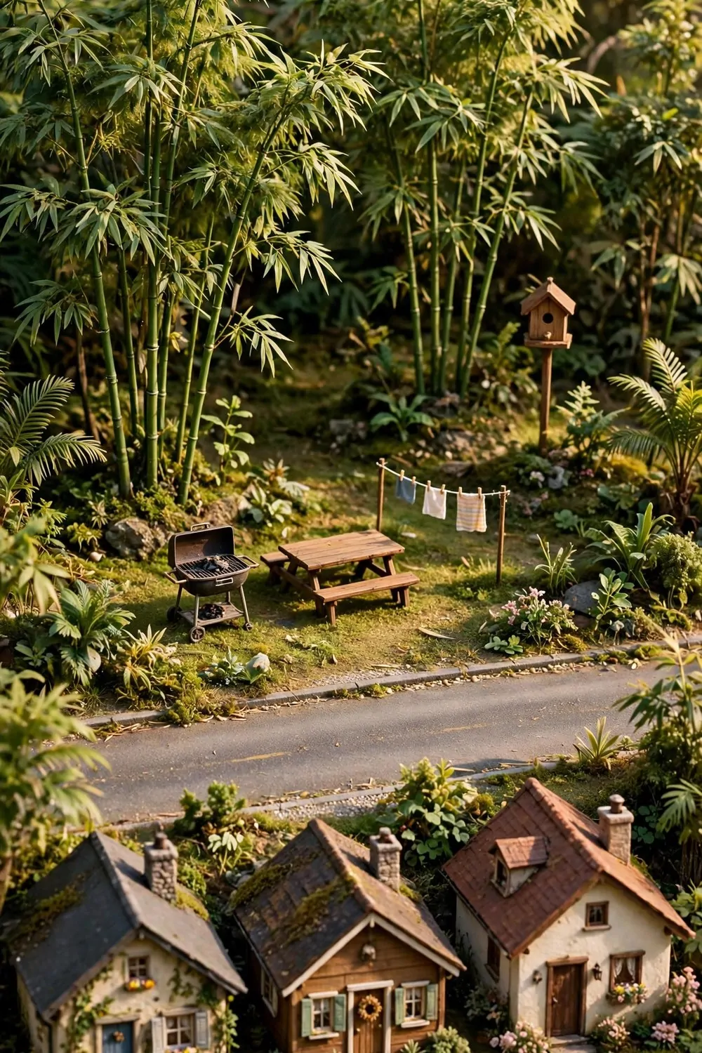 Cottages facing a tropical park with bamboo trees and a barbecue area