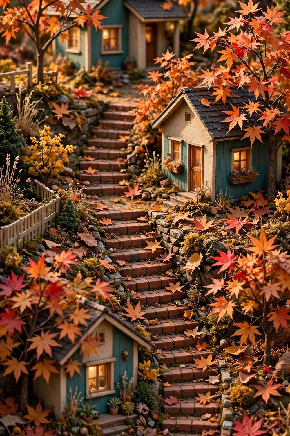 Cozy houses in autumn with orange trees, teal walls and brick steps