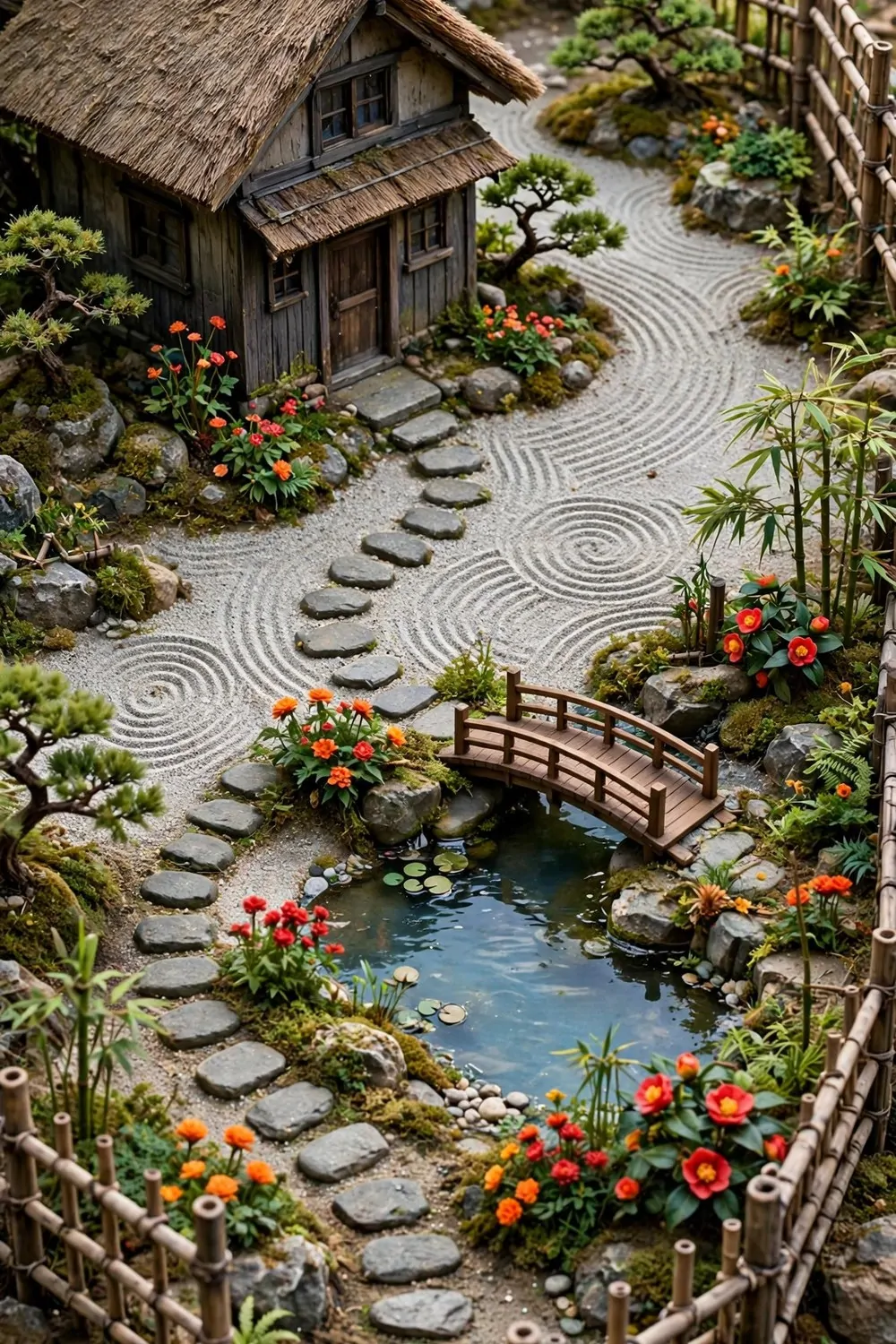 Zen garden yard with raked gravel, stone paths and a small pond