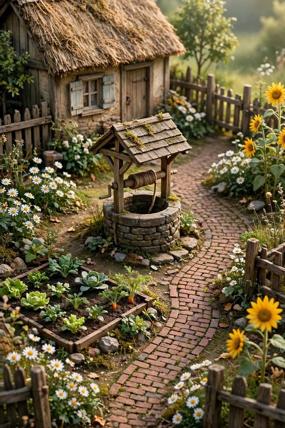 Rustic country cottage yard with a wishing well and brick pathway