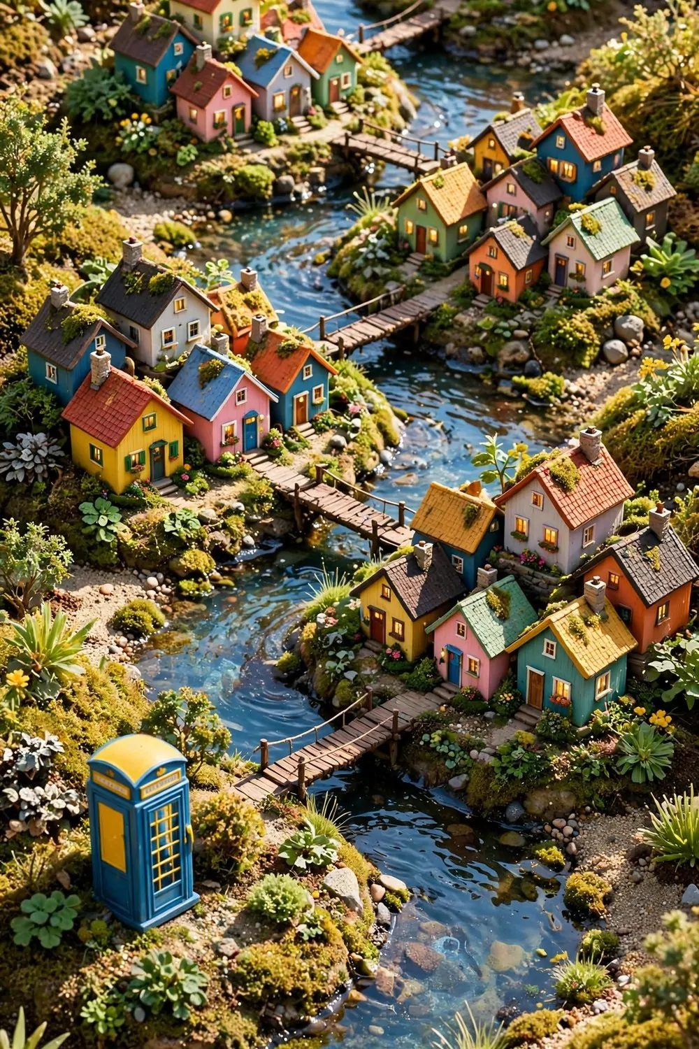 Brightly colored cottages on mini islands joined by streams and tiny bridges