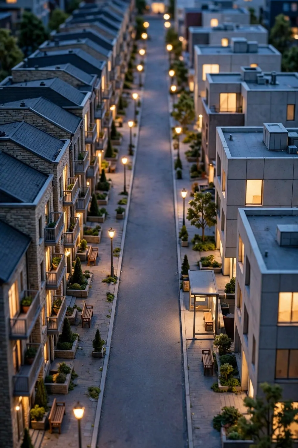 City-style apartment rows along a paved street with streetlights