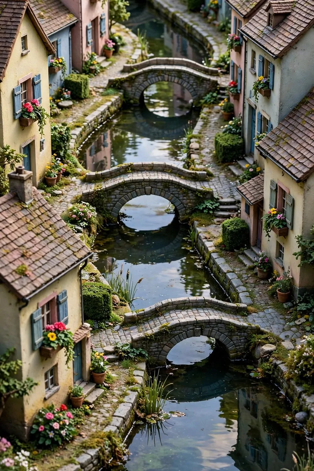 Cottages along a winding canal with arched bridges and flower boxes