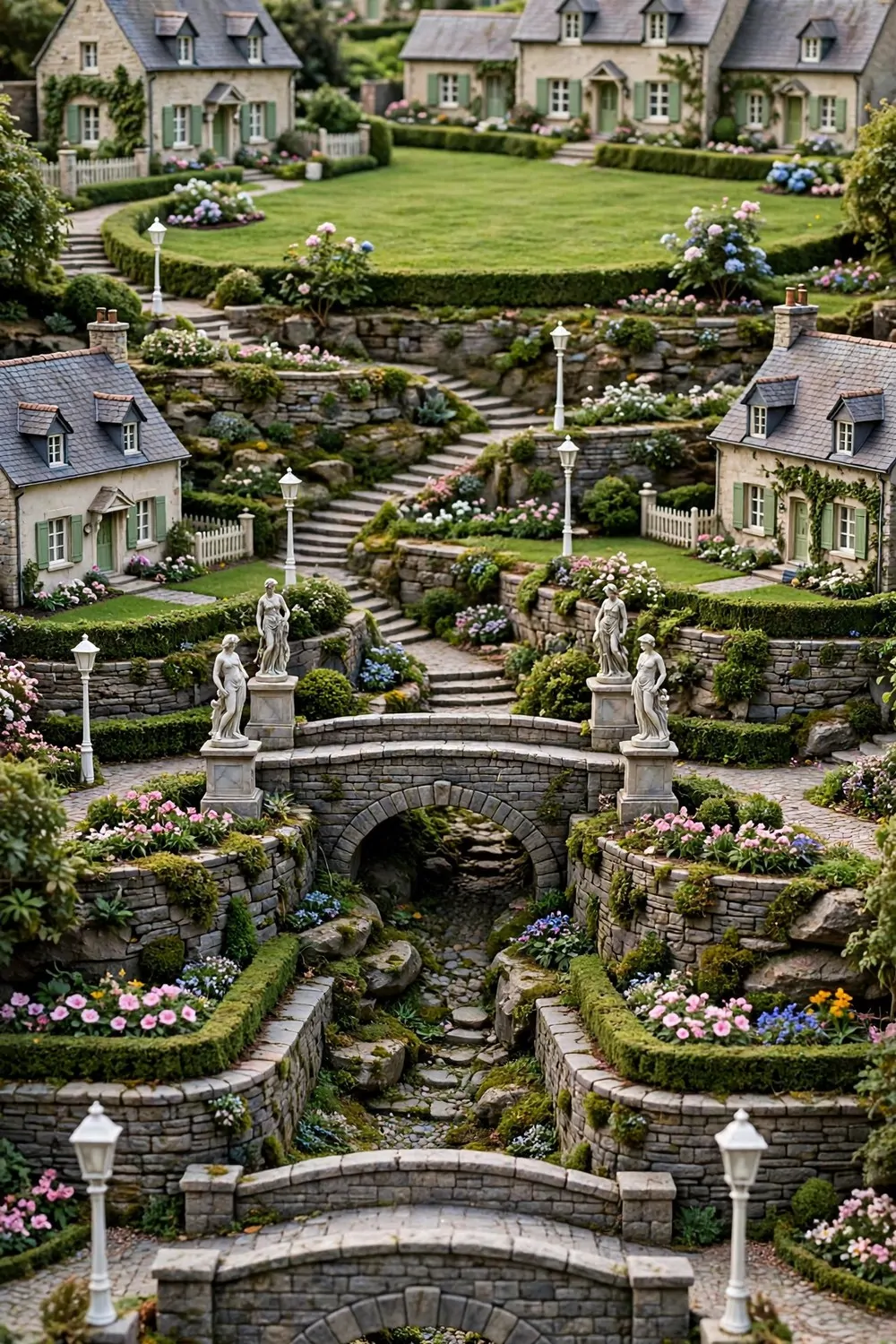 Grand tiered neighborhood entrance with stone bridges, lamps and statues