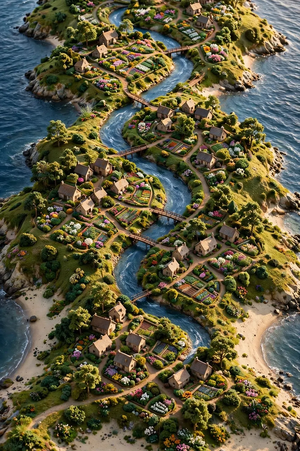 Overview of a whole island neighborhood with cottages, rivers, bridges and gardens