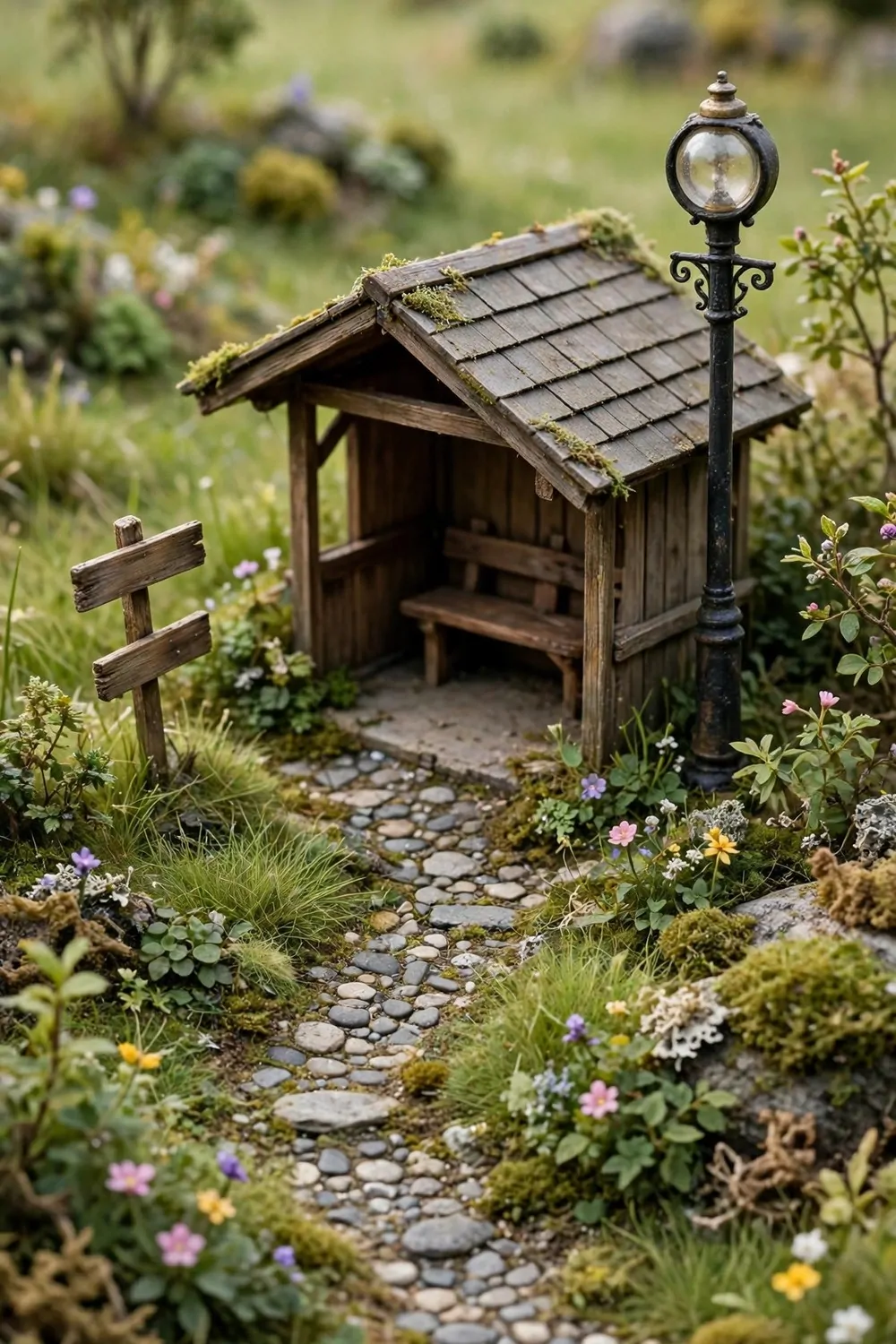 Tiny miniature rural bus stop with a wooden shelter and bench